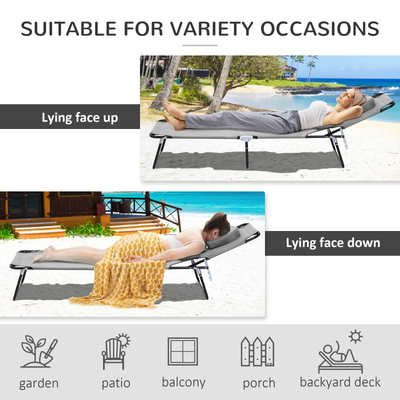 Outsunny Adjustable Outdoor Lounge Chair, Garden Folding Chaise Lounge with Face Hole Reclining Tanning Chair Seat, Folding Camping Beach Lounging Bed w/ Support Pillow, Grey