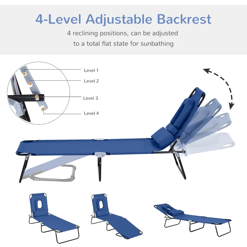 Outsunny Adjustable Outdoor Lounge Chair, Garden Folding Chaise Lounge with Face Hole Reclining Tanning Chair Seat, Folding Camping Beach Lounging Bed w/ Support Pillow, Blue