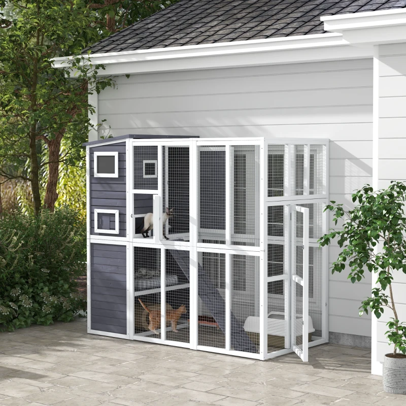 PawHut Wooden Outdoor Catio with Platforms, Asphalt Roof, Ramps, Light Gray