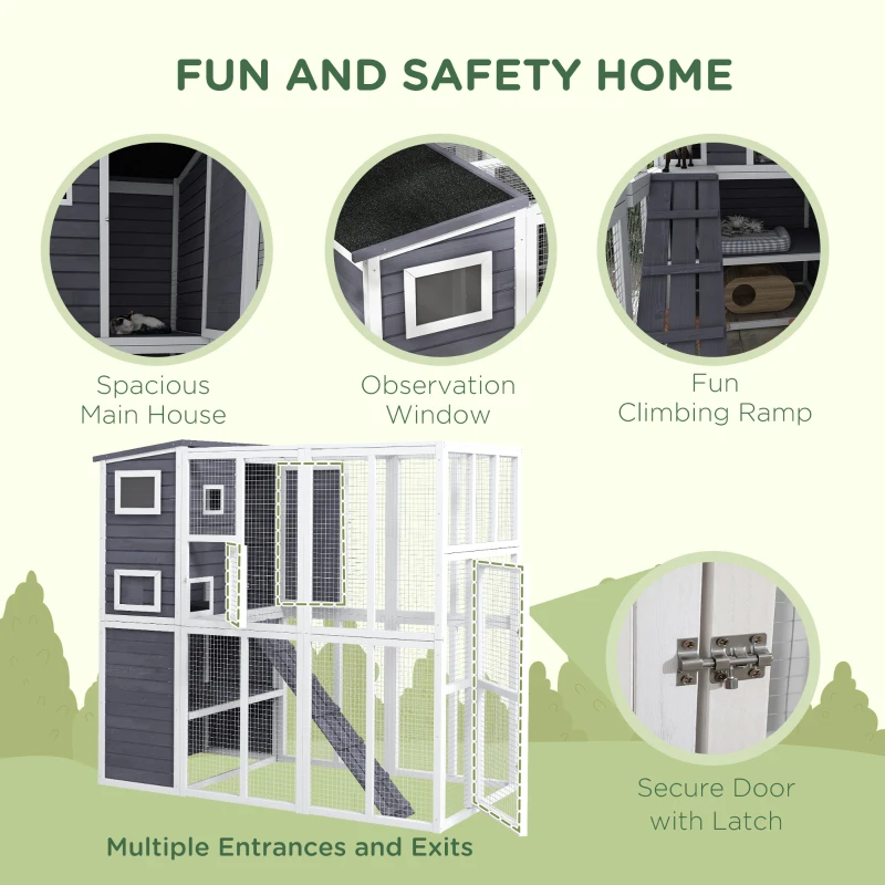 PawHut Wooden Outdoor Catio with Platforms, Asphalt Roof, Ramps, Light Gray