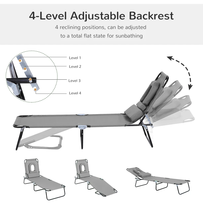 Outsunny Adjustable Outdoor Lounge Chair, Garden Folding Chaise Lounge with Face Hole Reclining Tanning Chair Seat, Folding Camping Beach Lounging Bed w/ Support Pillow, Grey