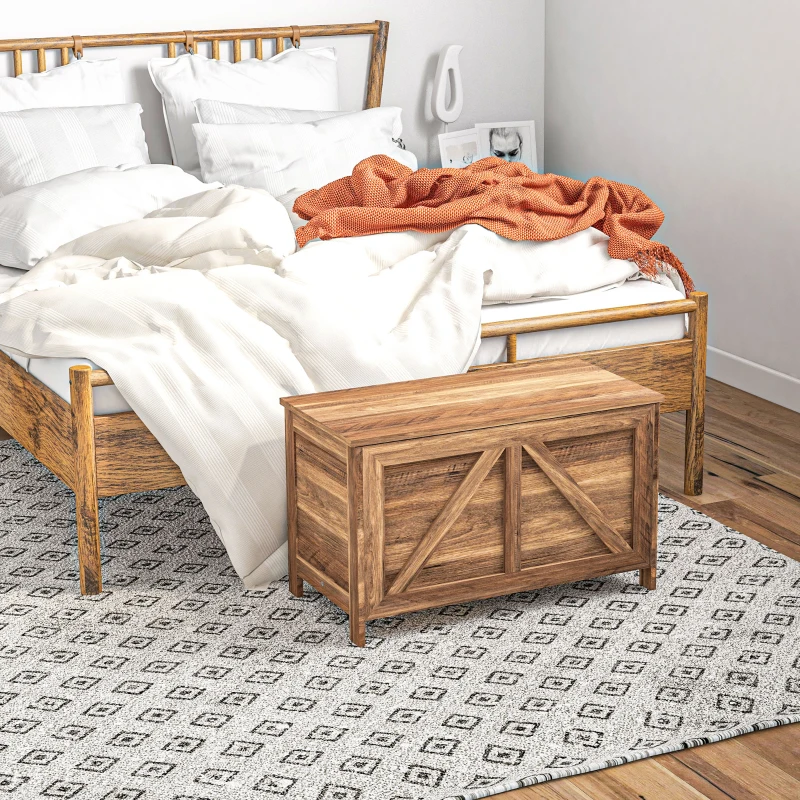 HOMCOM Storage Chest, Farmhouse Lift Top Box Organizer with Safety Hinge, for Bedroom, Entryway, Living Room, Brown Oak