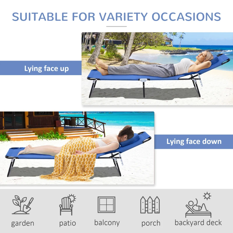 Outsunny Adjustable Outdoor Lounge Chair, Garden Folding Chaise Lounge with Face Hole Reclining Tanning Chair Seat, Folding Camping Beach Lounging Bed w/ Support Pillow, Blue