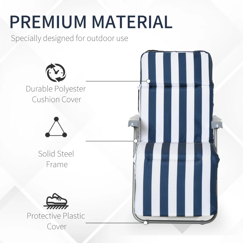 Outsunny Set of 2 Garden Sun Lounger Outdoor Reclining Seat Cushioned Seat Foldable Adjustable Recliner White and Blue