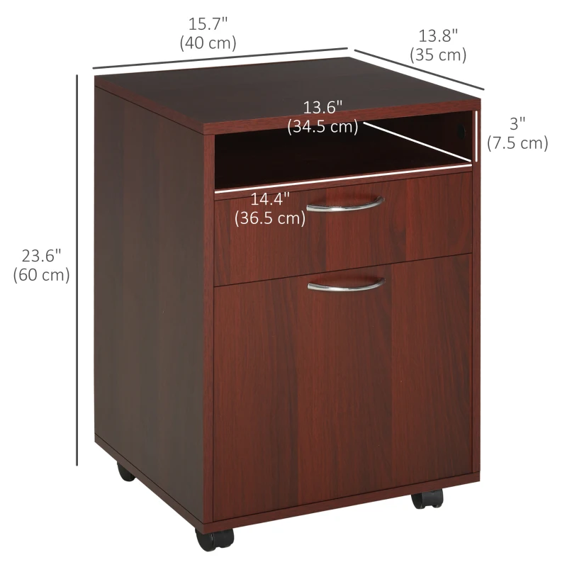 HOMCOM 24" Small Filing Cabinet with Open Compartment, Drawer and Wheels, Home Office Storage Cabinet, Espresso