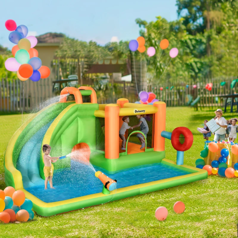 Outsunny 7-in-1 Backyard Inflatable Bounce House with Pool Sports, Water Blaster, and More, Inflatable Water Slide for Kids with 2 Min. Inflation, Large Outdoor Game for Birthday Party Activities