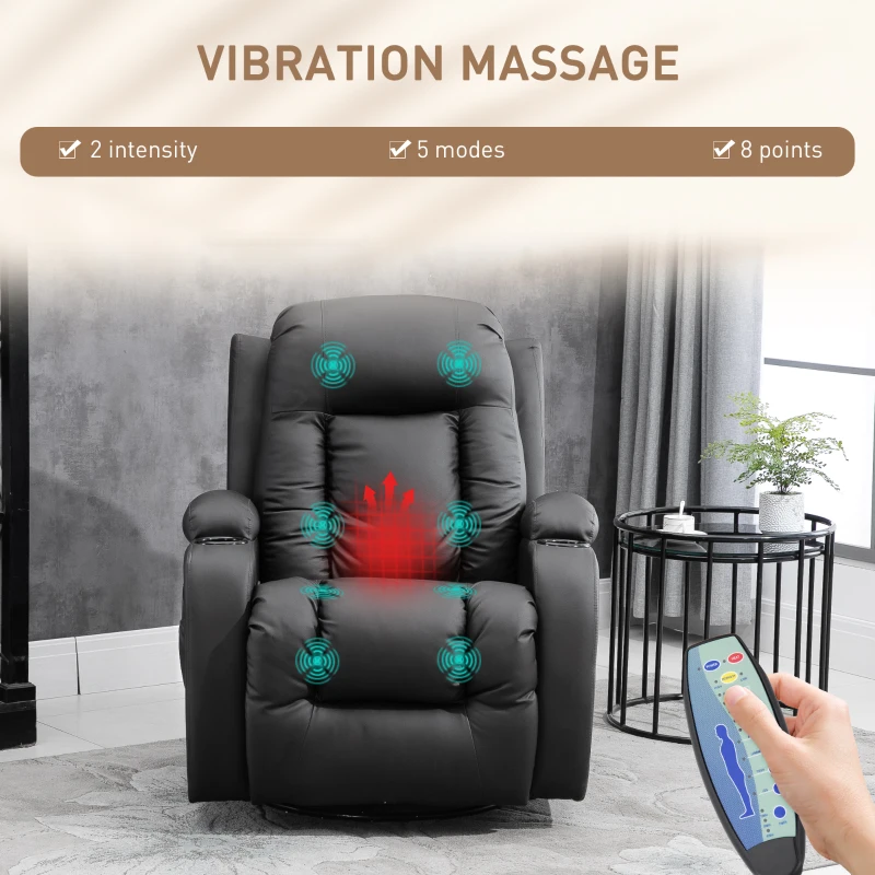 HOMCOM Vibration Massage Recliner Chair for Living Room with Heat,  Swivel Single Sofa, Modern PU Leather Manual Reclining Chair with Footrest, Black