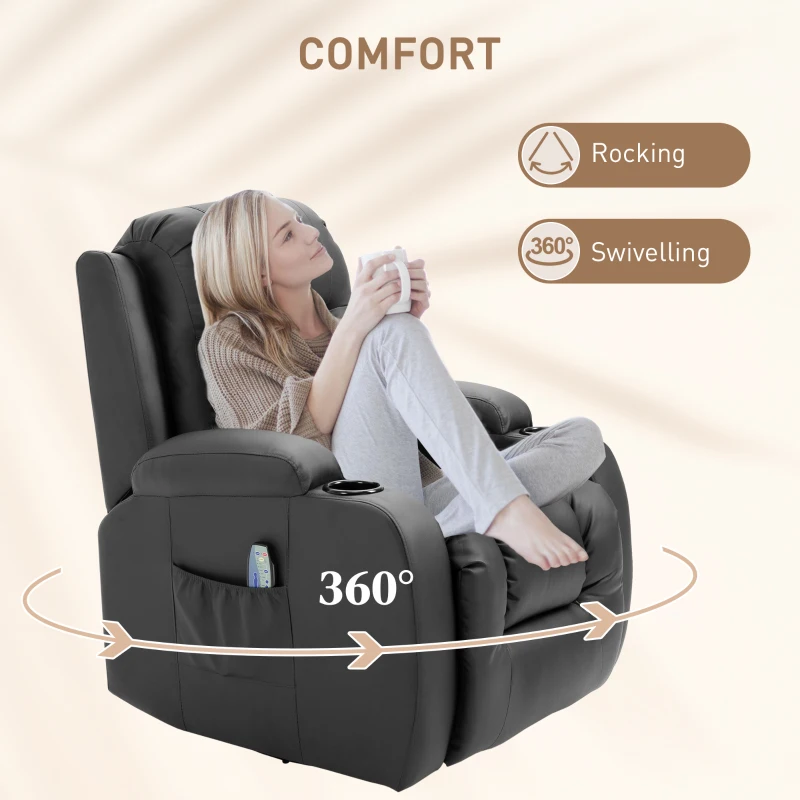HOMCOM Vibration Massage Recliner Chair for Living Room with Heat,  Swivel Single Sofa, Modern PU Leather Manual Reclining Chair with Footrest, Black