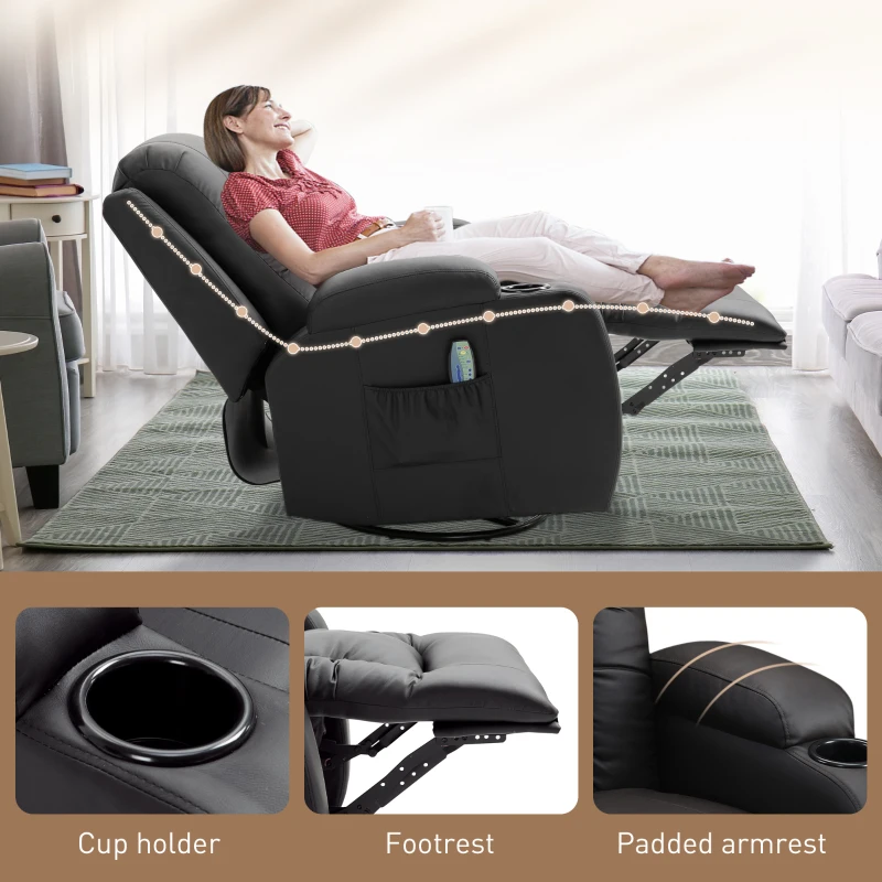 HOMCOM Vibration Massage Recliner Chair for Living Room with Heat,  Swivel Single Sofa, Modern PU Leather Manual Reclining Chair with Footrest, Deep Brown