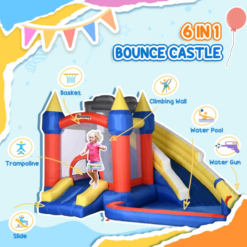 Outsunny 6-in-1 Inflatable Water Slide, Kids Castle Bounce House with Slide, Trampoline, Basket Hoop, Pool, Cannon, Climbing Wall Includes Carry Bag, Repair Patches, Basketball, 680W Air Blower
