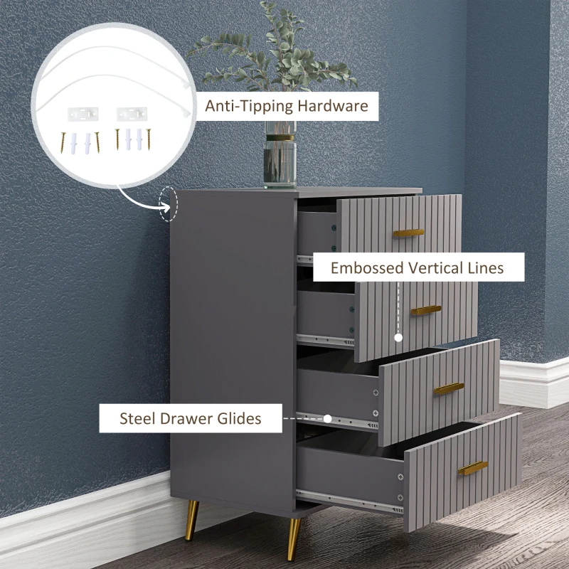 HOMCOM 4 Drawer Cabinet, Drawer Chest for Bedroom, Chest of Drawers with Aluminium Legs and Gold Handles, Dark Grey