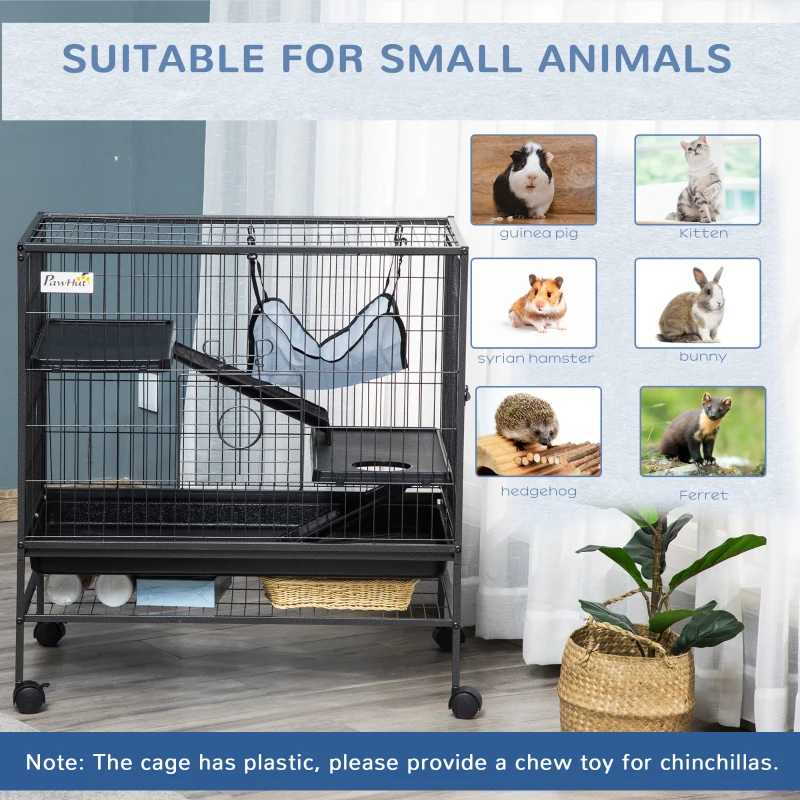 PawHut Small Animal Cage with Hammock, 3-Tier Ferret Cage Removable Tray