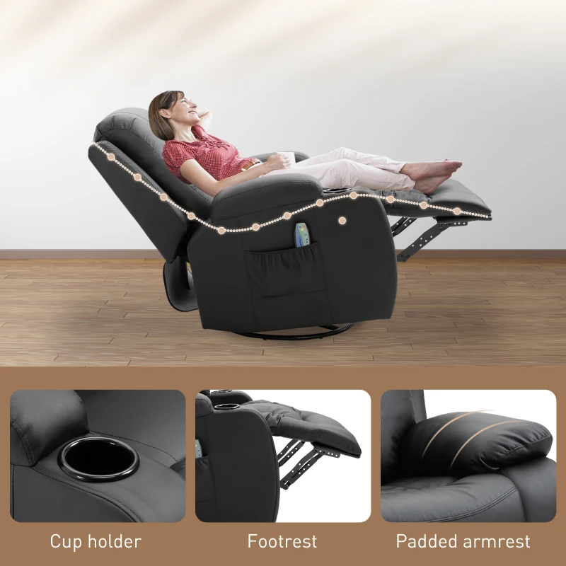 HOMCOM Vibration Massage Recliner Chair for Living Room with Heat,  Swivel Single Sofa, Modern PU Leather Manual Reclining Chair with Footrest, Black