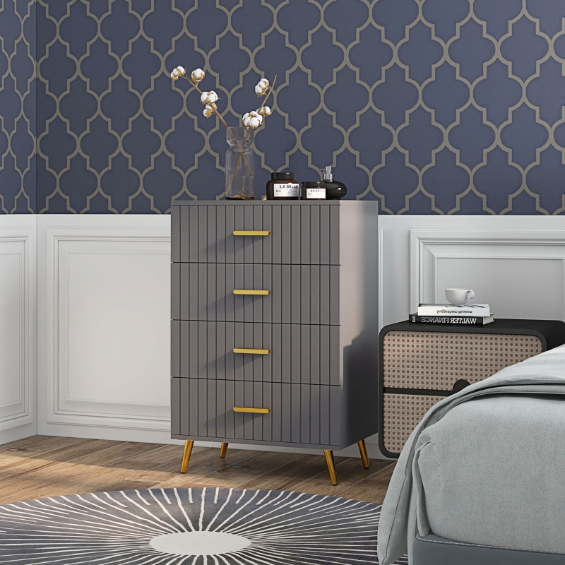 HOMCOM 4 Drawer Cabinet, Drawer Chest for Bedroom, Chest of Drawers with Aluminium Legs and Gold Handles, Dark Grey