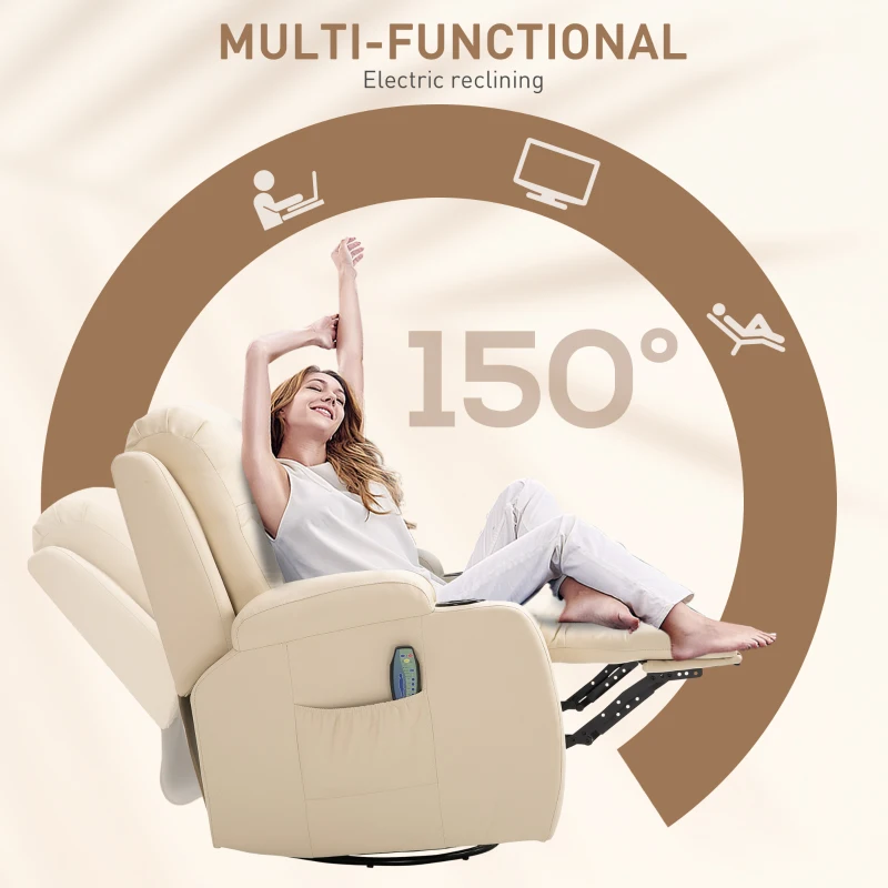 HOMCOM Vibration Massage Recliner Chair for Living Room with Heat,  Swivel Single Sofa, Modern PU Leather Manual Reclining Chair with Footrest, Cream White