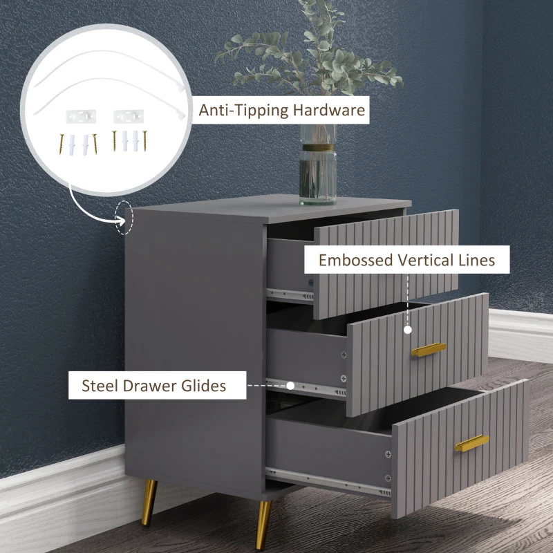 HOMCOM 3 Drawer Cabinet, Drawer Chest for Bedroom, Chest of Drawers with Aluminium Legs and Gold Handles, Dark Grey