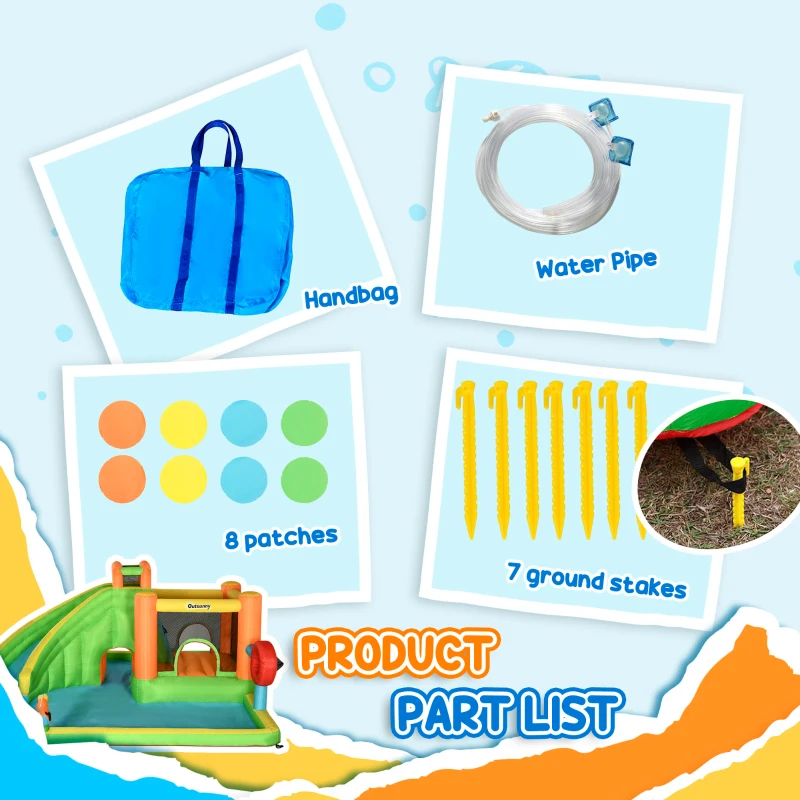 Outsunny 7-in-1 Backyard Inflatable Bounce House with Pool Sports, Water Blaster, and More, Inflatable Water Slide for Kids with 2 Min. Inflation, Large Outdoor Game for Birthday Party Activities