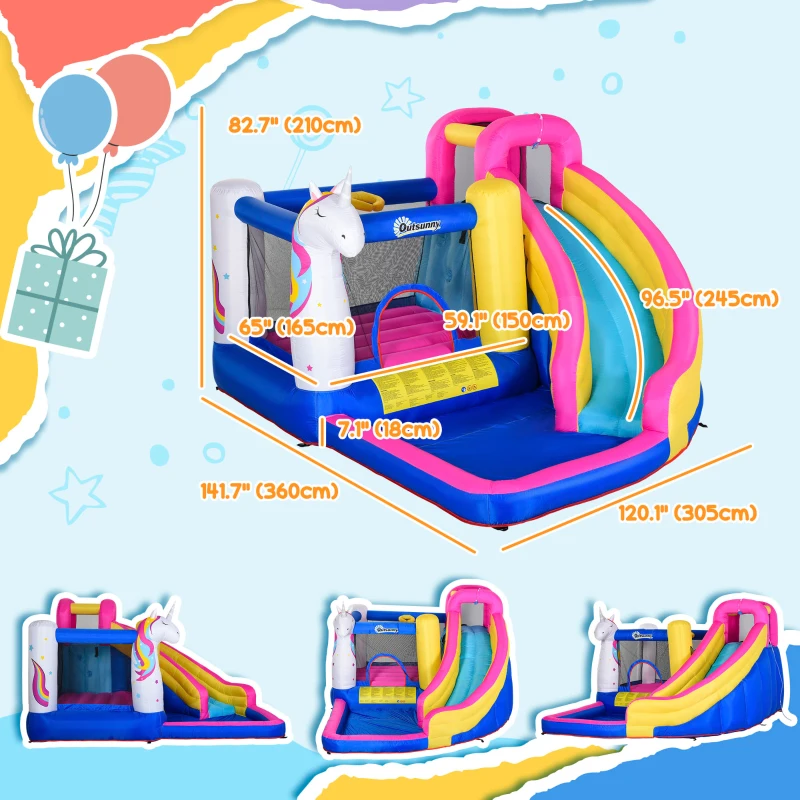 Outsunny Kids 5 in 1 Inflatable Bounce Castle House, Trampoline Water Slide Pool Climbing Wall with Inflator for Kids Age 3-12 Summer 12.4' x 10.5' x 6.9' - Multi-color