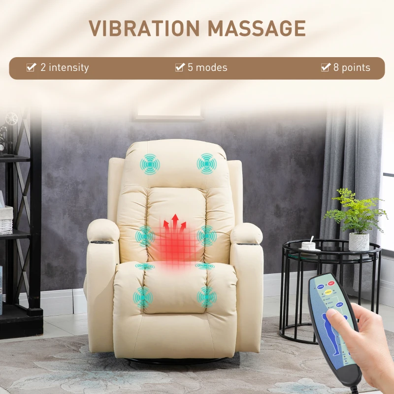 HOMCOM Vibration Massage Recliner Chair for Living Room with Heat,  Swivel Single Sofa, Modern PU Leather Manual Reclining Chair with Footrest, Cream White