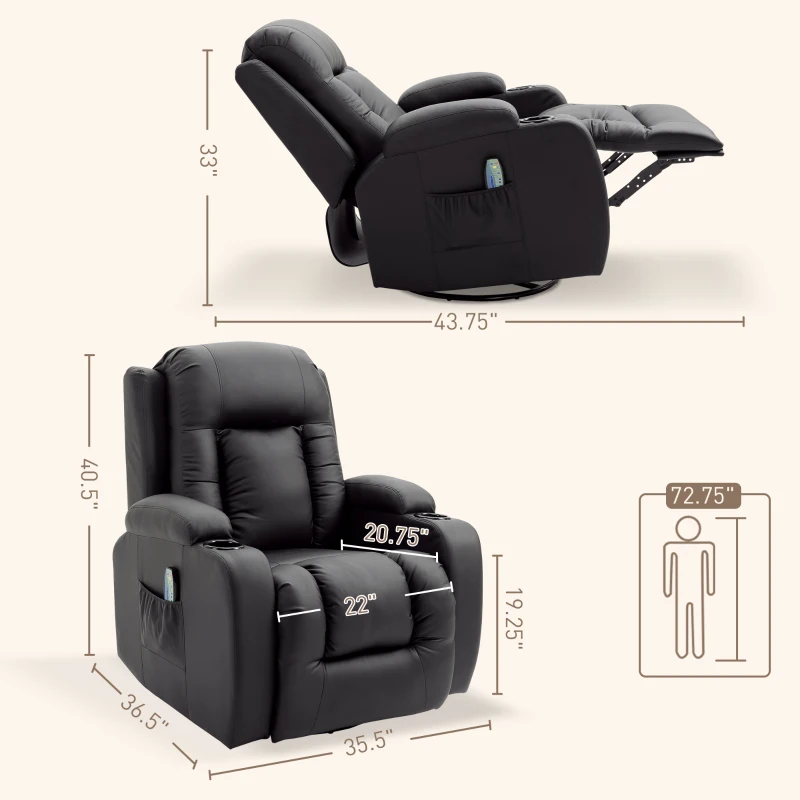 HOMCOM Vibration Massage Recliner Chair for Living Room with Heat,  Swivel Single Sofa, Modern PU Leather Manual Reclining Chair with Footrest, Deep Brown