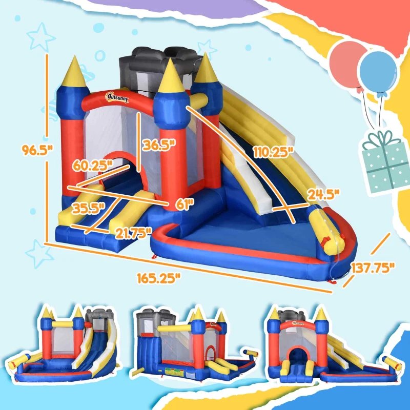 Outsunny 6-in-1 Inflatable Water Slide, Kids Castle Bounce House with Slide, Trampoline, Basket Hoop, Pool, Cannon, Climbing Wall Includes Carry Bag, Repair Patches, Basketball, 680W Air Blower