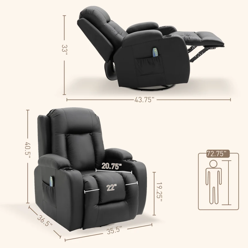 HOMCOM Vibration Massage Recliner Chair for Living Room with Heat,  Swivel Single Sofa, Modern PU Leather Manual Reclining Chair with Footrest, Black