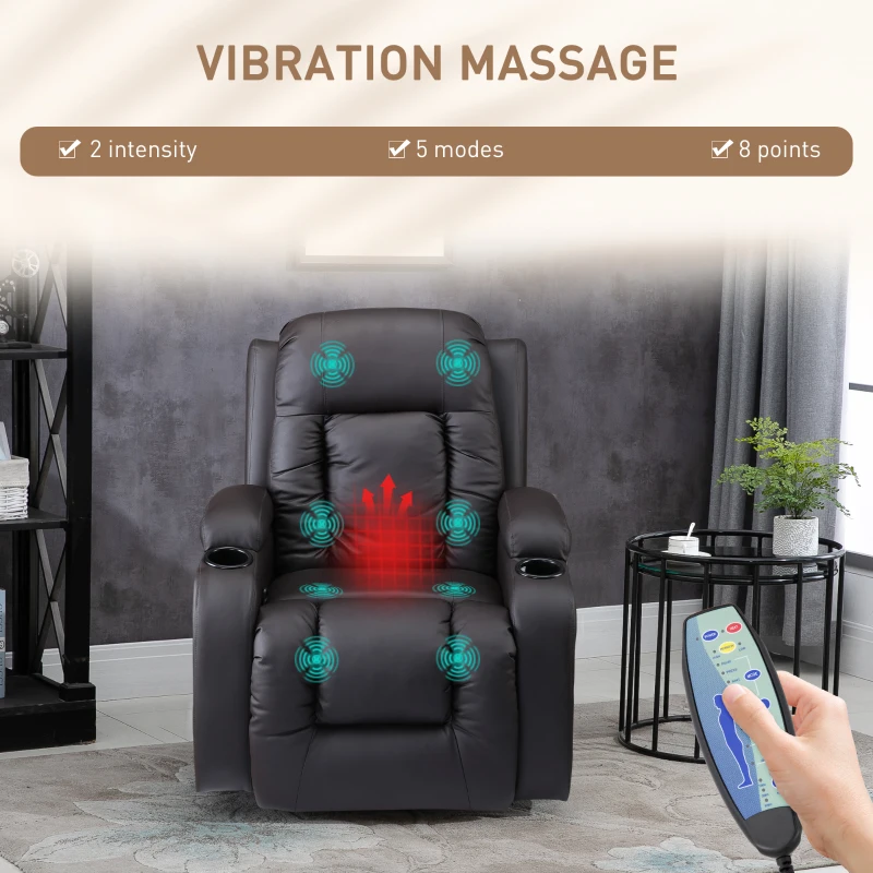 HOMCOM Vibration Massage Recliner Chair for Living Room with Heat,  Swivel Single Sofa, Modern PU Leather Manual Reclining Chair with Footrest, Deep Brown