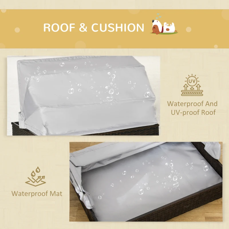 PawHut Wicker Dog House, Elevated Pet Sofa, Rattan Cat Bed, Indoor Outdoor Use, for Garden Patio with Foldable Roof, for Small or Medium-Sized Dogs, Coffee