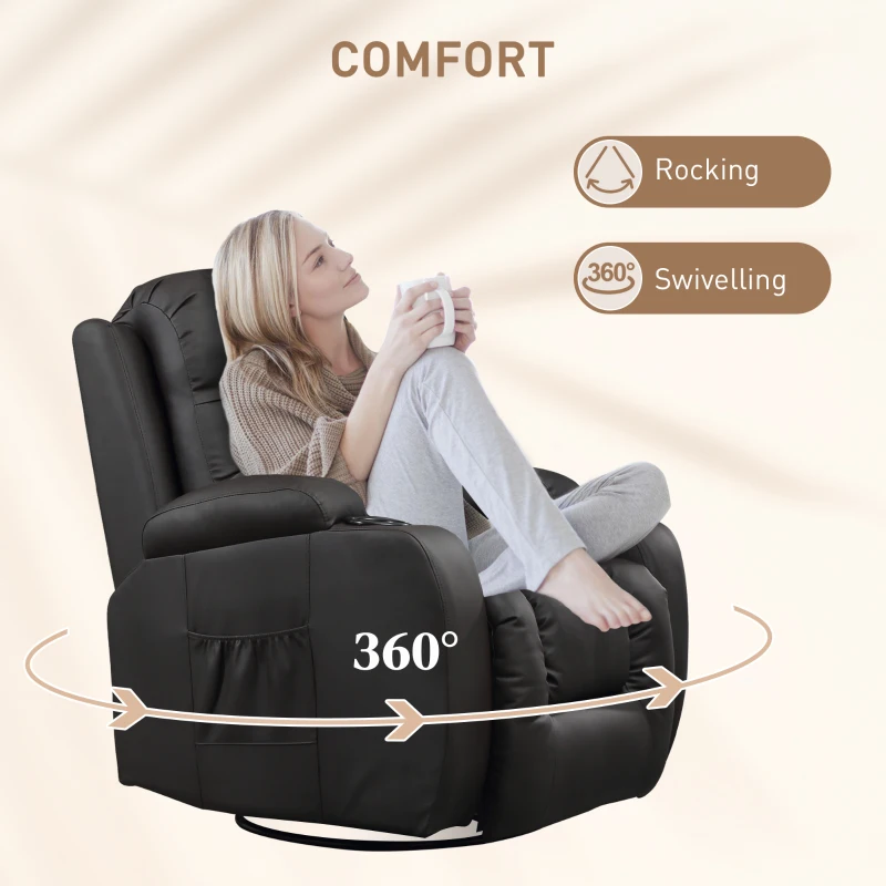 HOMCOM Vibration Massage Recliner Chair for Living Room with Heat,  Swivel Single Sofa, Modern PU Leather Manual Reclining Chair with Footrest, Deep Brown