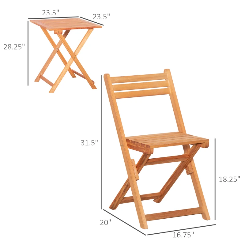 Outsunny 3pc Teak Patio Set, Foldable Garden Furniture with Chairs & Table, Compact Outdoor Seating Solution for Balcony, Porch
