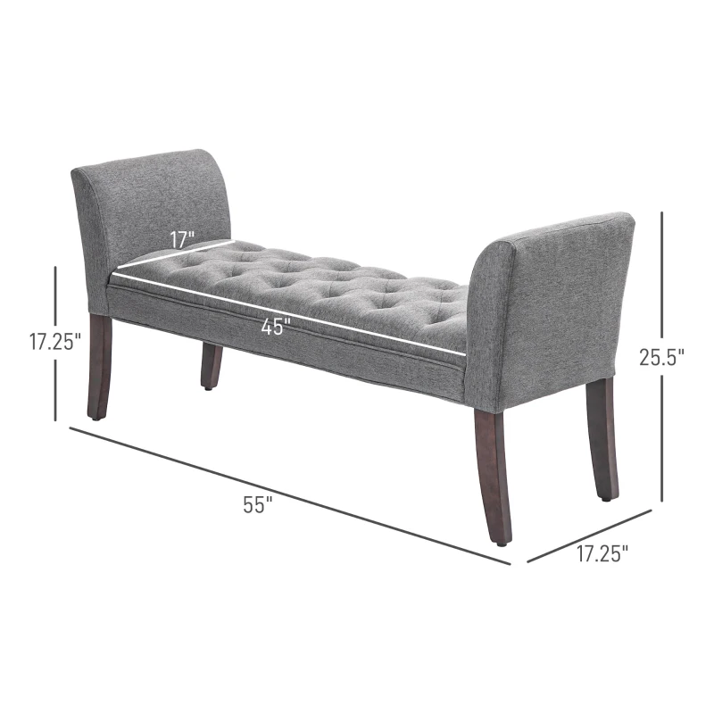 HOMCOM Upholstered Bedroom Entryway Bench with Button Tufted Design, End of Bed Bench with Arms and Solid Wood Legs, Dark Gray