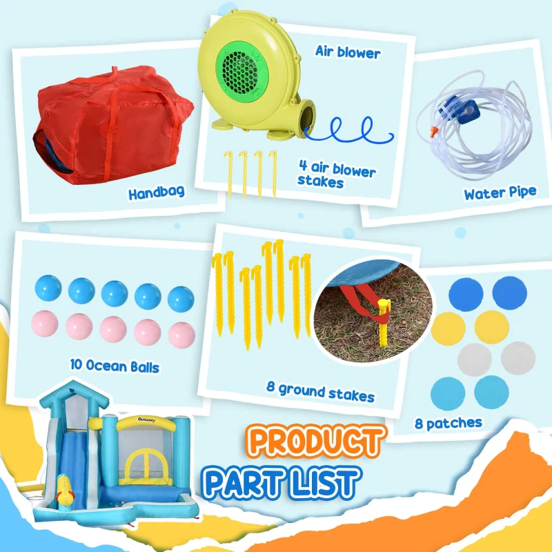 Outsunny 5-in-1 Kids Inflatable Bounce House Jumping Castle with Slide, Climbing Wall, Trampoline, & Water Pool Area, Water Cannon, Sea Balls, Air Blower