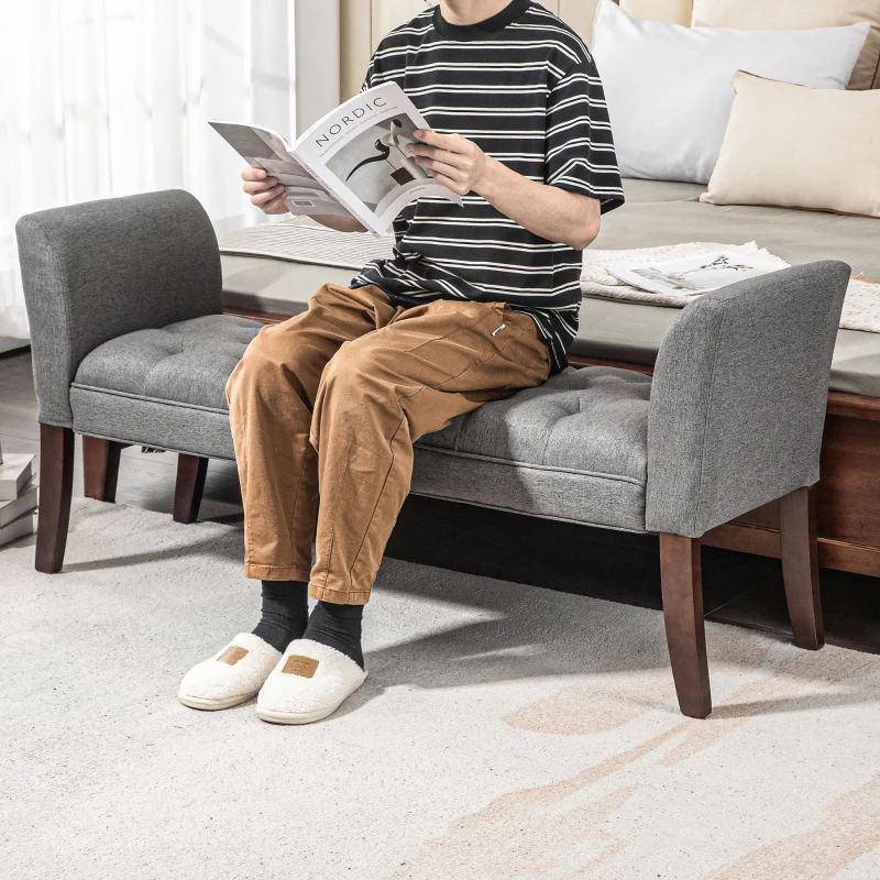 HOMCOM Upholstered Bedroom Entryway Bench with Button Tufted Design, End of Bed Bench with Arms and Solid Wood Legs, Dark Gray