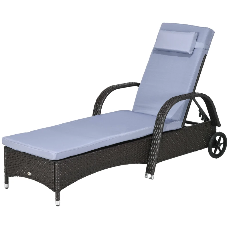 Outsunny Outdoor Lounger, Deck Lounge Chair with Headrest, 5-Level Adjustable, Backrest, Wheels, Deep Coffee and Silver Grey