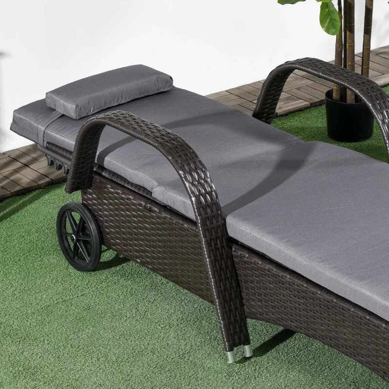 Outsunny Outdoor Lounger, Deck Lounge Chair with Headrest, 5-Level Adjustable, Backrest, Wheels, Deep Coffee and Med Grey