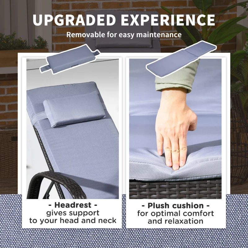 Outsunny Outdoor Lounger, Deck Lounge Chair with Headrest, 5-Level Adjustable, Backrest, Wheels, Deep Coffee and Silver Grey