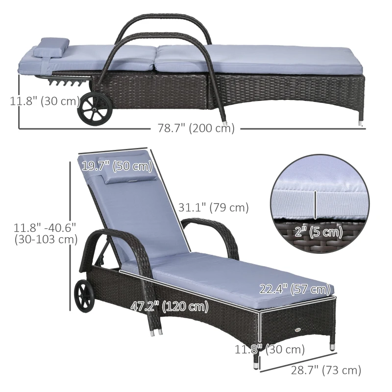 Outsunny Outdoor Lounger, Deck Lounge Chair with Headrest, 5-Level Adjustable, Backrest, Wheels, Deep Coffee and Silver Grey