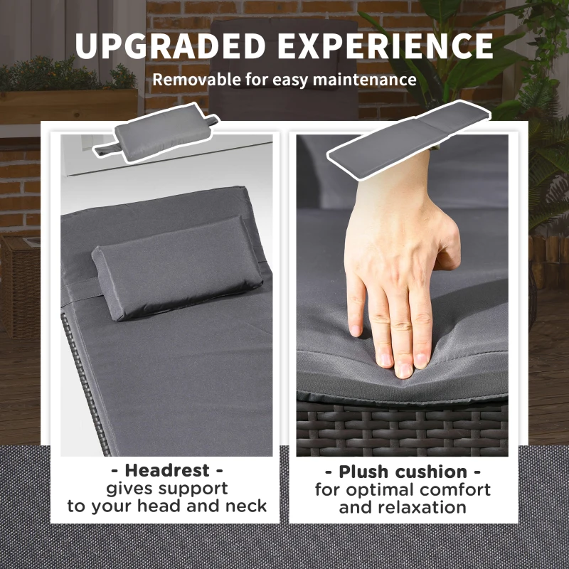 Outsunny Outdoor Lounger, Deck Lounge Chair with Headrest, 5-Level Adjustable, Backrest, Wheels, Deep Coffee and Med Grey