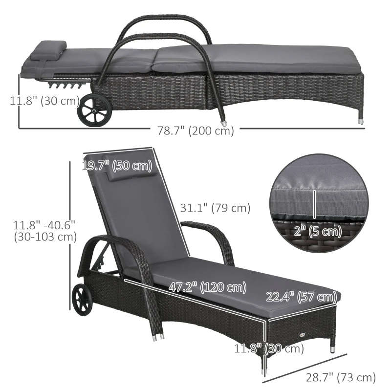 Outsunny Outdoor Lounger, Deck Lounge Chair with Headrest, 5-Level Adjustable, Backrest, Wheels, Deep Coffee and Med Grey