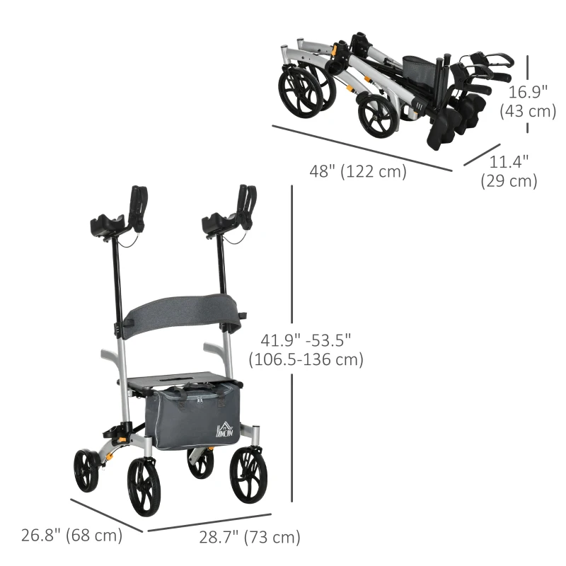 HOMCOM Aluminum Upright Walker with 10'' Wheels, Seat and Backrest, Folding Rollator Walker with Storage Bag, Silver
