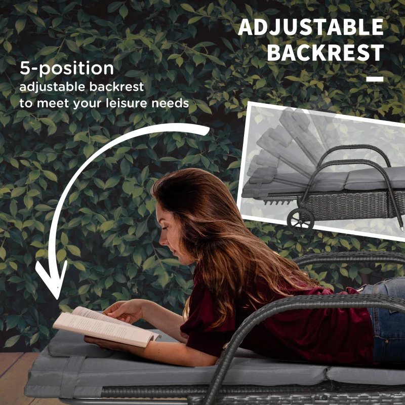 Outsunny Outdoor Lounger, Deck Lounge Chair with Headrest, 5-Level Adjustable, Backrest, Wheels, Deep Coffee and Med Grey