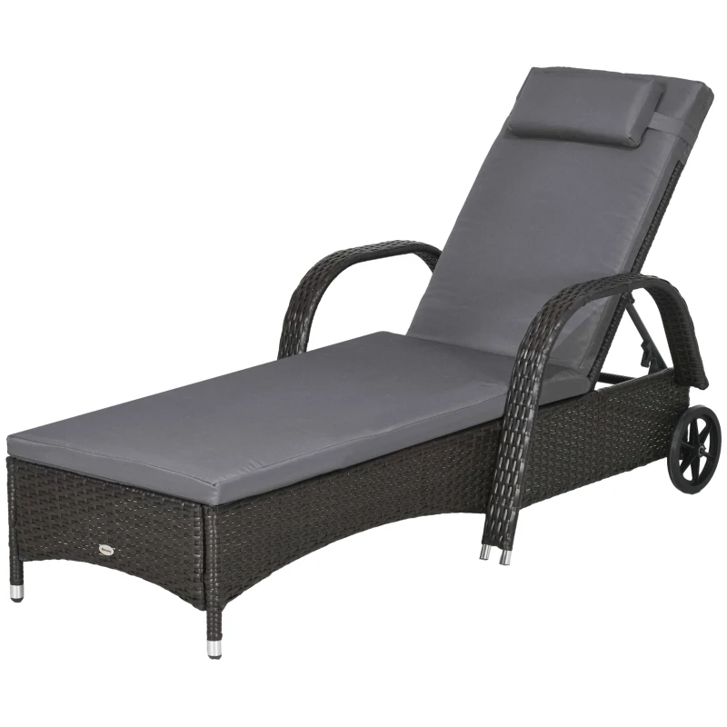 Outsunny Outdoor Lounger, Deck Lounge Chair with Headrest, 5-Level Adjustable, Backrest, Wheels, Deep Coffee and Med Grey