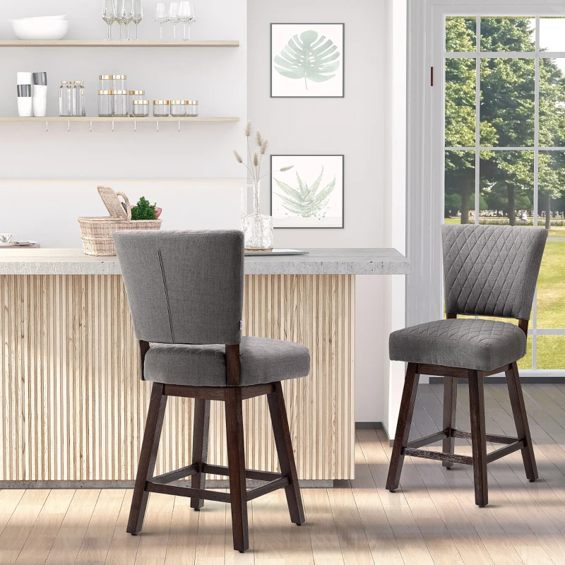 HOMCOM 2 Pieces Swivel Bar Stools, Counter Height Stools Set of 2 with Wood Legs and Footrests for Dining Room, Dark Grey