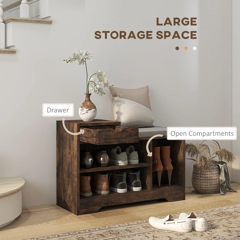 HOMCOM Upholstered Shoe Storage Bench, Hallway Shoe Storage with Seat, Drawer, 3 Open Shelves for Entryway, Rustic Brown