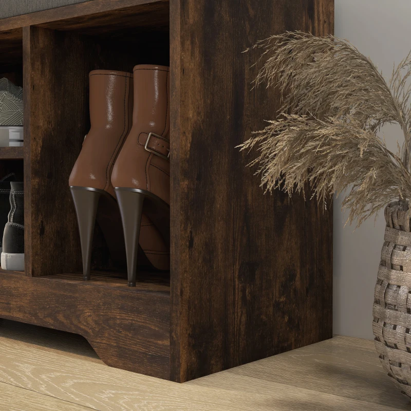 HOMCOM Upholstered Shoe Storage Bench, Hallway Shoe Storage with Seat, Drawer, 3 Open Shelves for Entryway, Rustic Brown