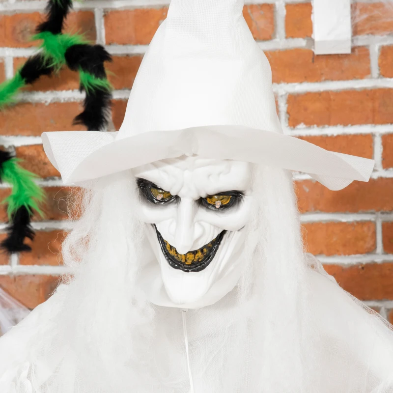 Outsunny 74" Life Size Outdoor Halloween Decorations White Witch Holding Pumpkin Head, Standing Skeleton Ghost Animated Prop Décor with Light Up Eyes and Body