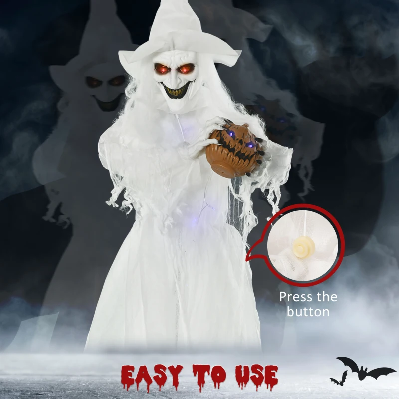 Outsunny 74" Life Size Outdoor Halloween Decorations White Witch Holding Pumpkin Head, Standing Skeleton Ghost Animated Prop Décor with Light Up Eyes and Body
