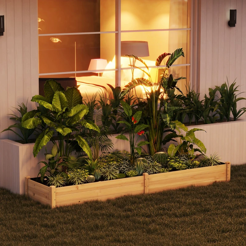 Outsunny 96" x 24" x 10" Wooden Raised Garden Bed with 2 Planter Box and Non-woven Fabric Liner for Backyard, Patio to Grow Vegetables, Herbs, and Flowers, Natural