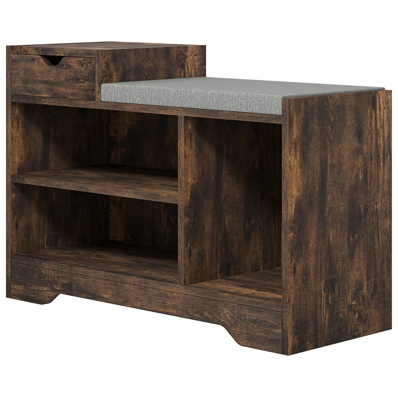 HOMCOM Upholstered Shoe Storage Bench, Hallway Shoe Storage with Seat, Drawer, 3 Open Shelves for Entryway, Rustic Brown