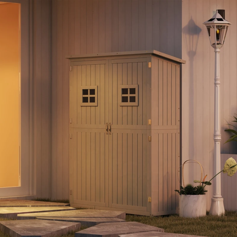 Outsunny 4x1.5ft Wooden Garden Sheds, Outdoor Storage with Windows and Double Door for Gardeners, Grey